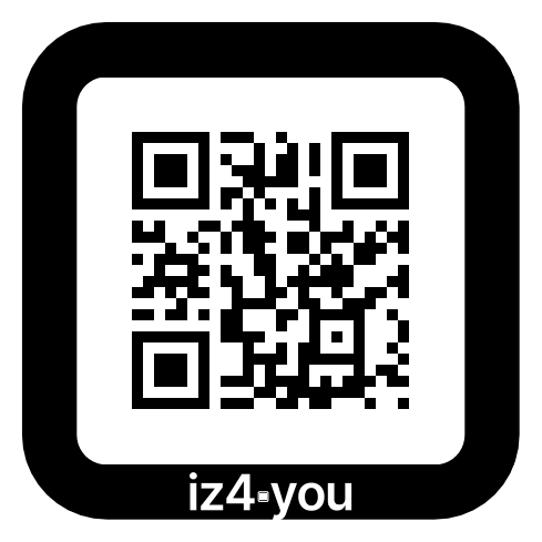The IZ4 badge: a real QR code inside the IZ4 frame. Scan it and you land back on this page.